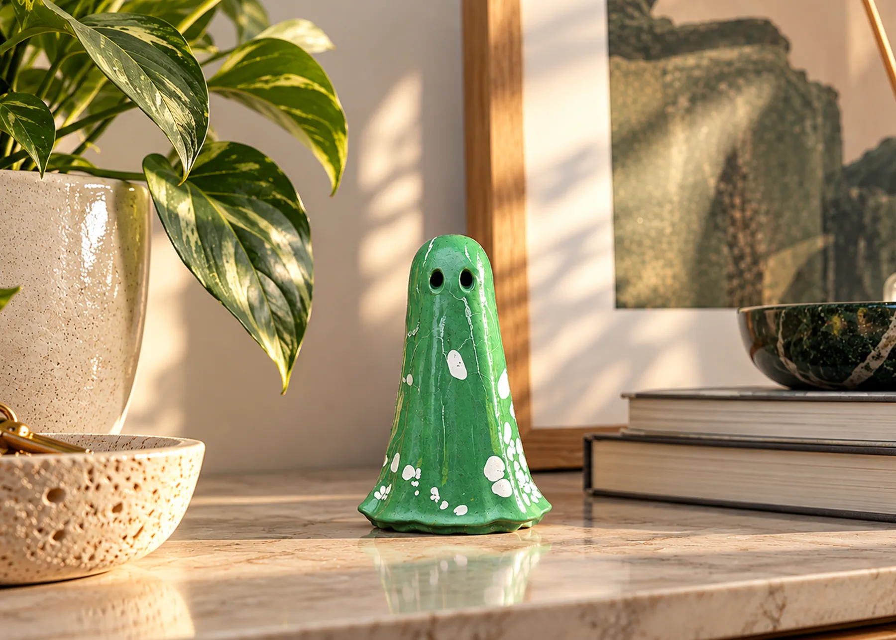 haunts-fortuna-home-marble-side Fortuna Light Haunt ghost figurine with green and white finish displayed beside plants and books on a marble surface