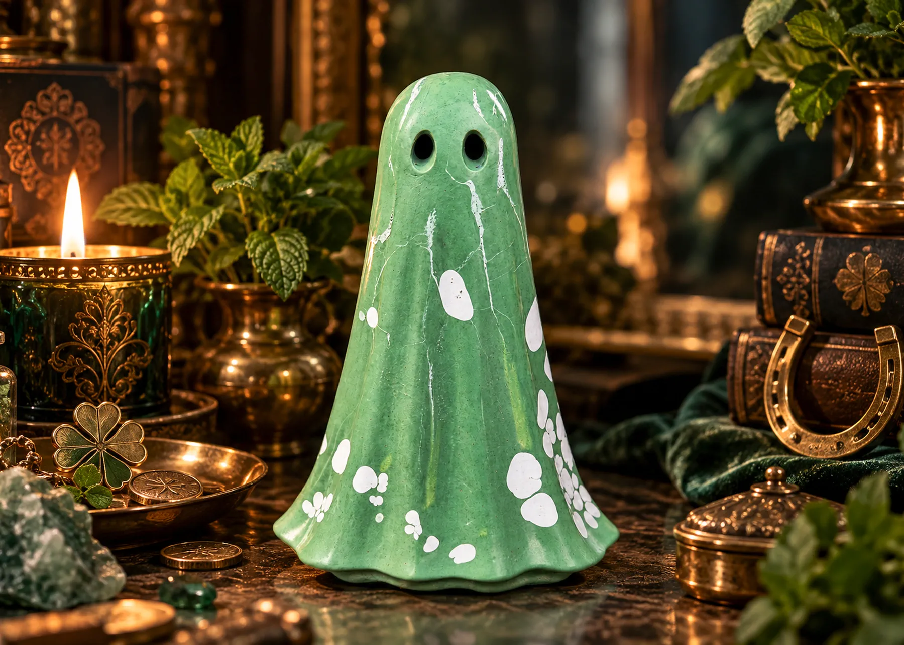 Fortuna Light Haunt in a candlelit ritual setting with mint, lucky coins, clover and a horseshoe representing luck and opportunity