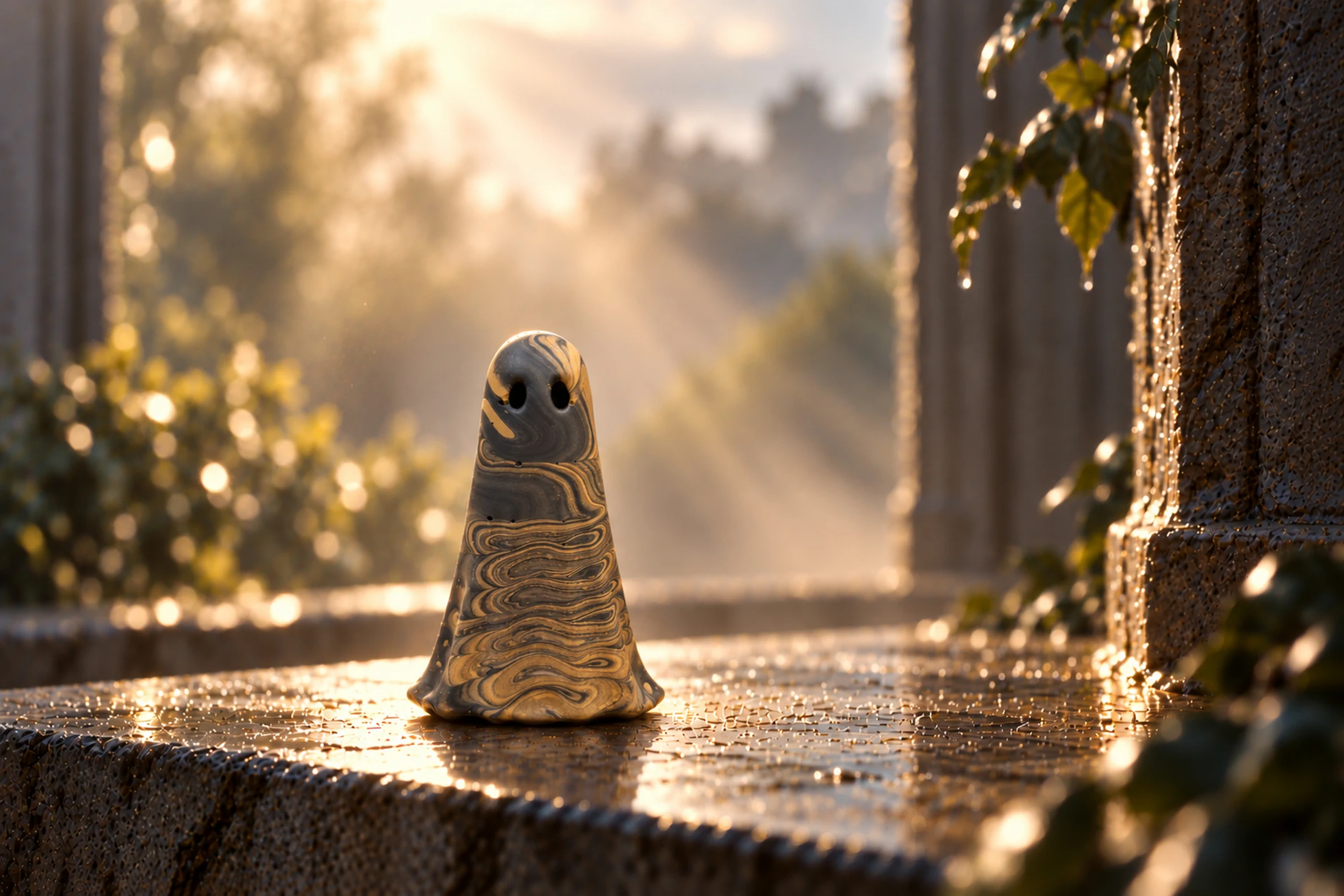 Absolution Shadow Haunt handmade ghost figurine after rain in soft morning light, representing self-forgiveness, compassion and releasing guilt