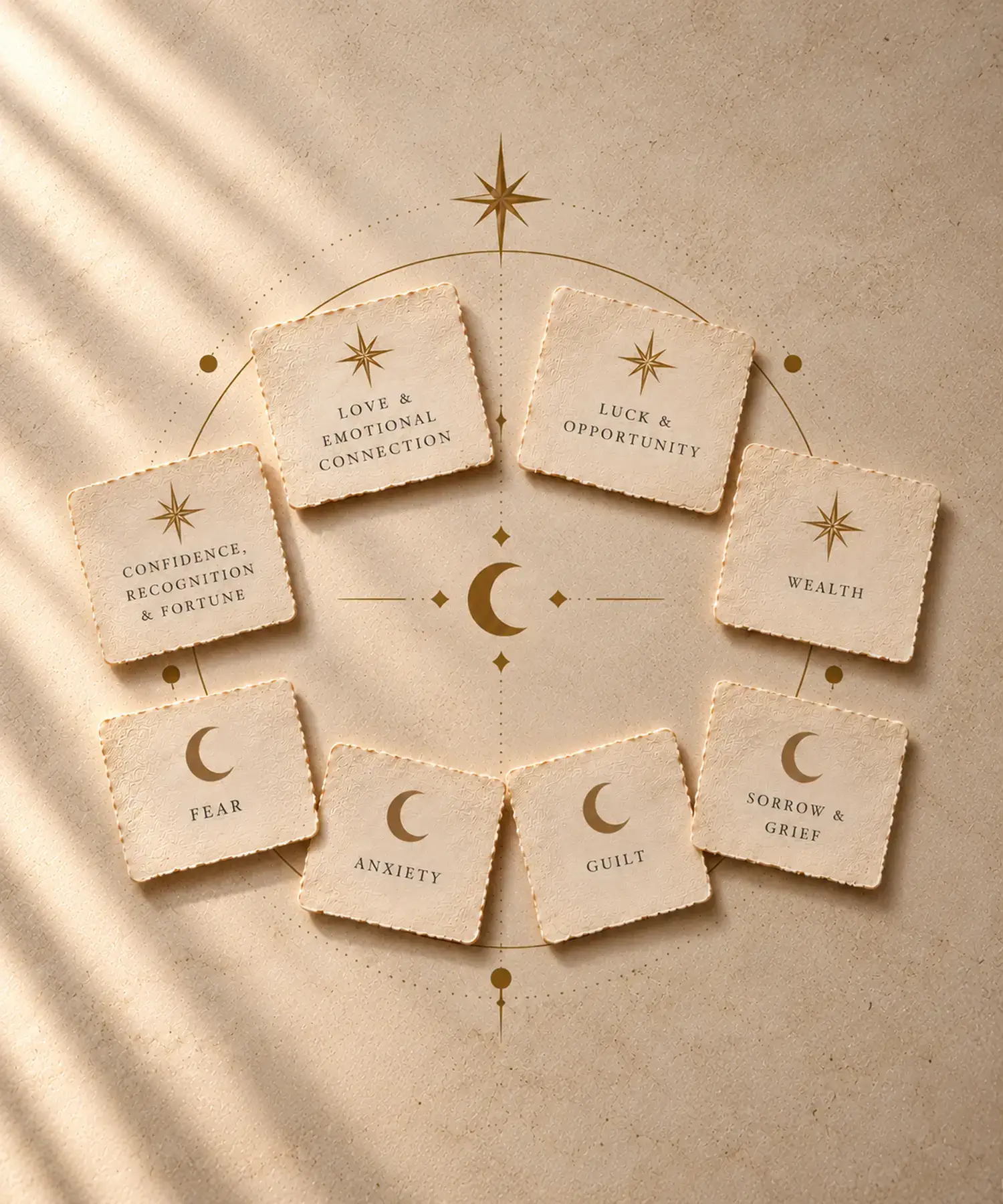 Eight Haunts intentions arranged in a circle, with Light intentions to draw in and Shadow intentions to release