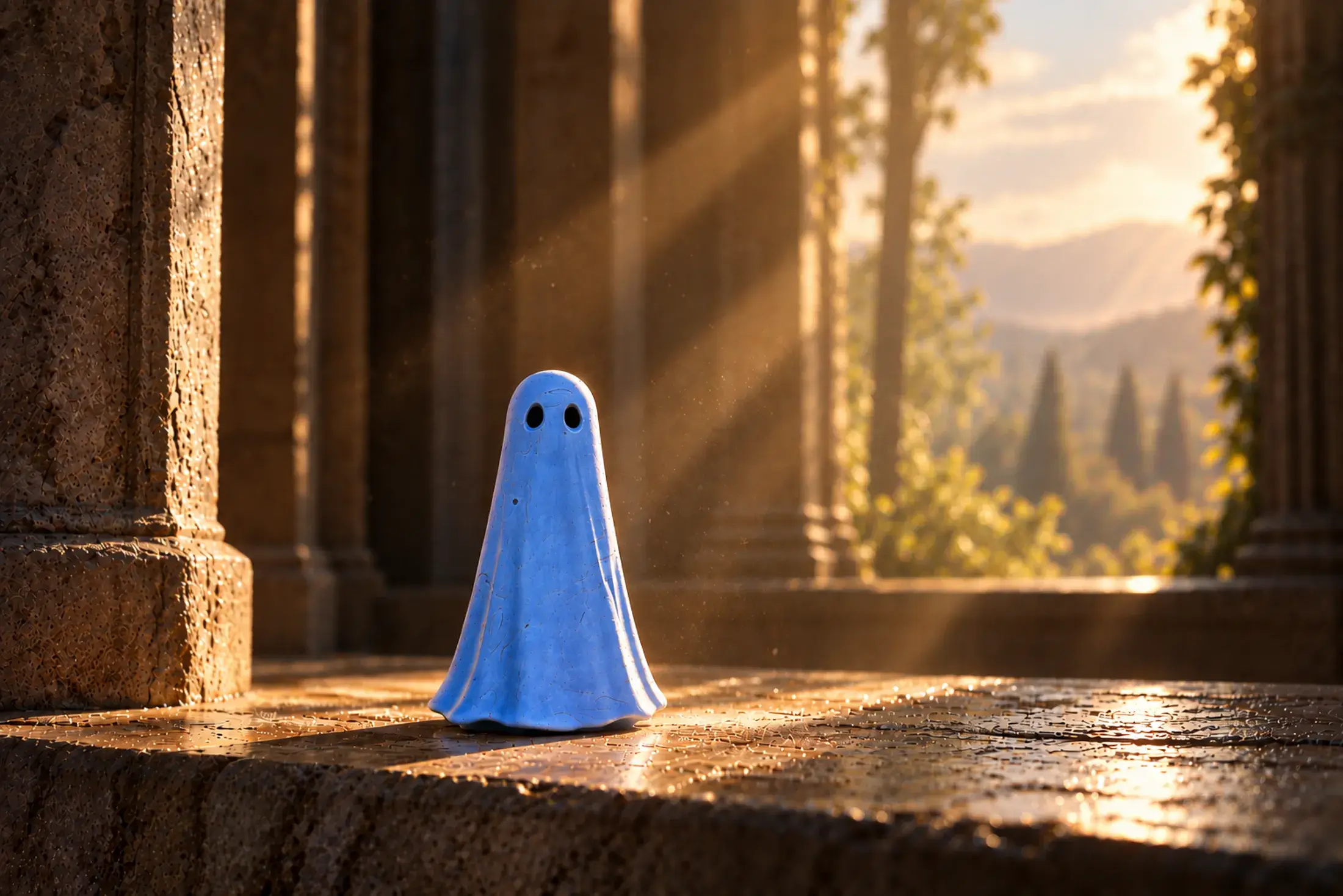 Ascendant Light Haunt handmade ghost figurine stepping into golden light, symbolising confidence, recognition and being seen