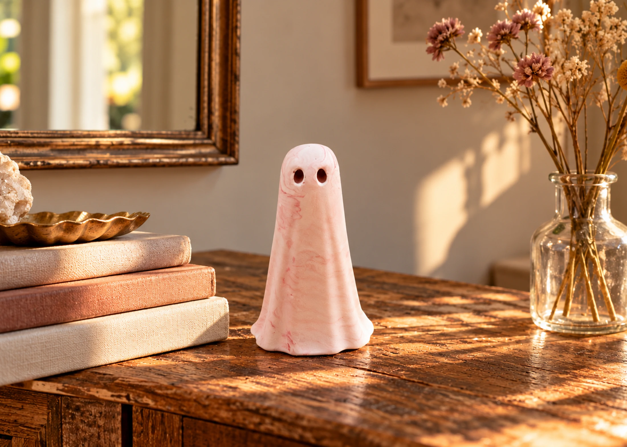 haunts-devotion-light-haunt-home-lifestyle Devotion handmade pink ghost figurine displayed on a rustic wooden table beside decorative books, crystals and dried flowers