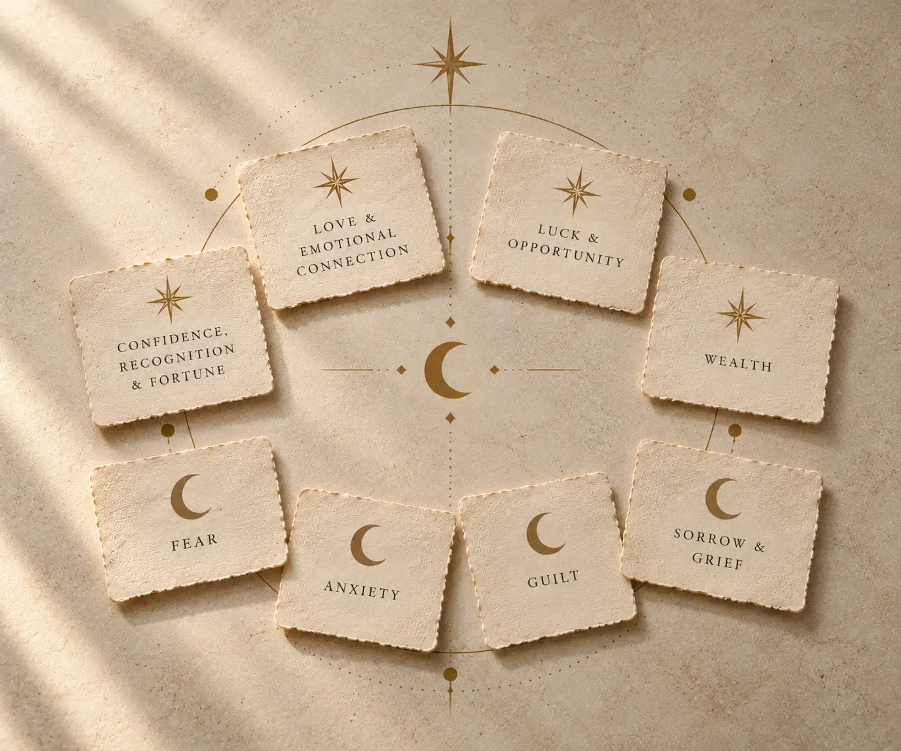 Eight Haunts intentions arranged in a circle, with Light intentions to draw in and Shadow intentions to release