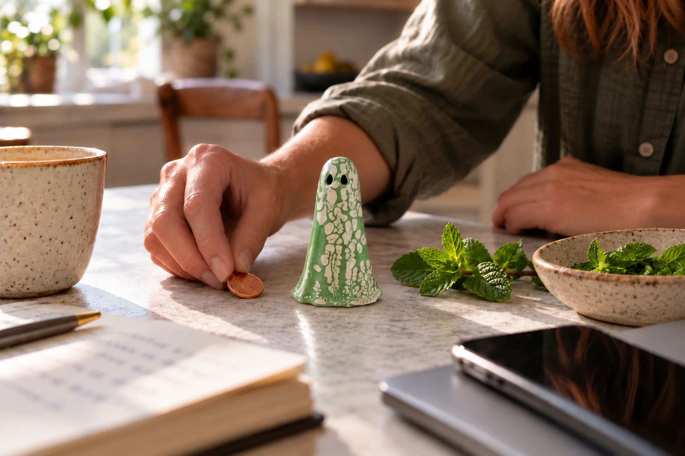 haunts-fortuna-doing-the-ritual Fortuna Haunt during its luck ritual with a penny and fresh mint symbolising opportunity and fortunate timing