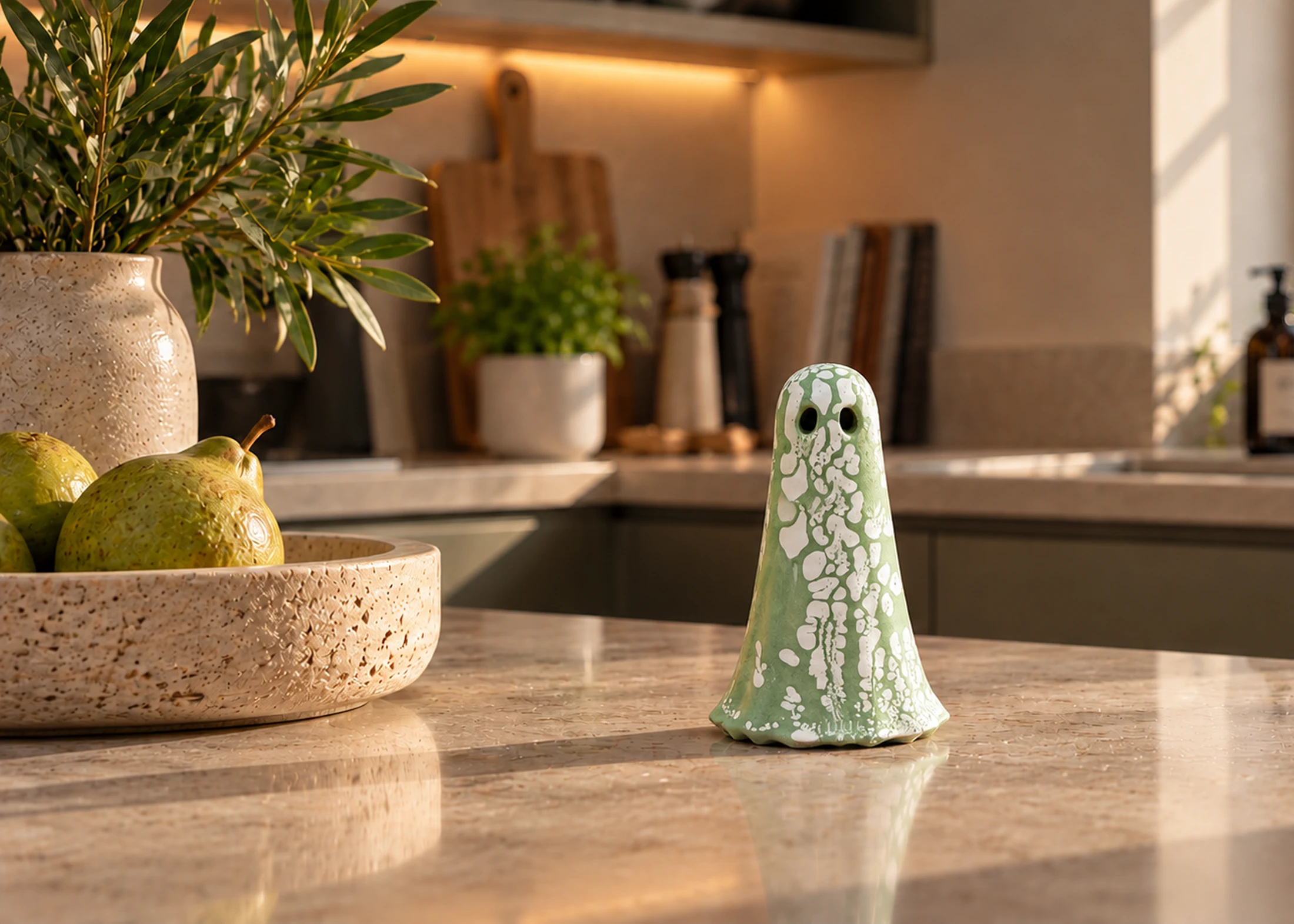 Fortuna handmade green and white ghost figurine displayed on a marble kitchen island in a bright contemporary kitchen