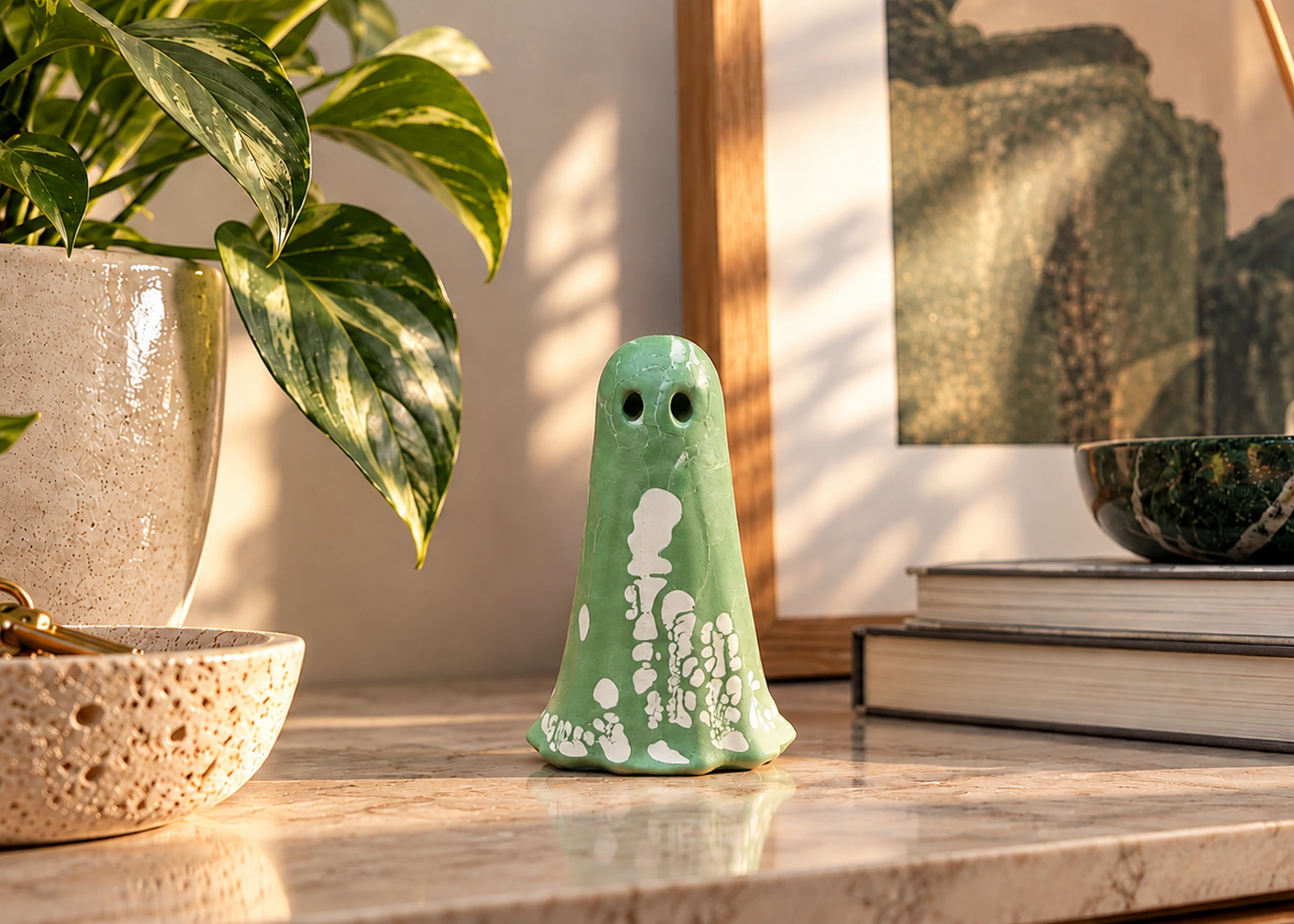 haunts-fortuna-light-haunt-home-on-a-shelf Fortuna green handmade ghost ornament with a white marbled pattern displayed on a shelf with plants and decorative accessories