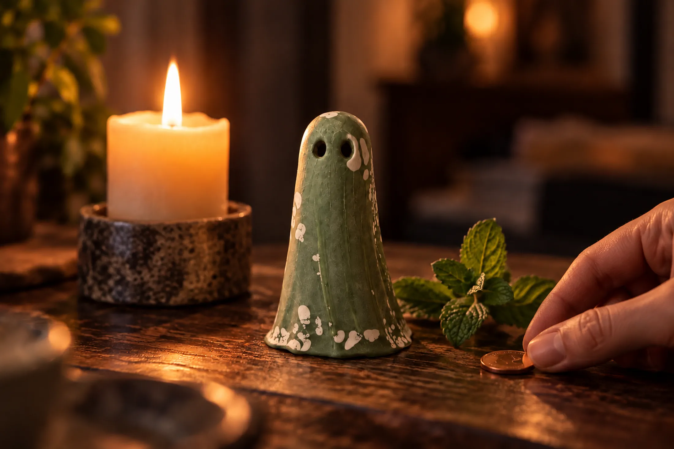 Fortuna green handmade Haunt figurine beside a candle, mint leaves and a coin during a symbolic good luck ritual.