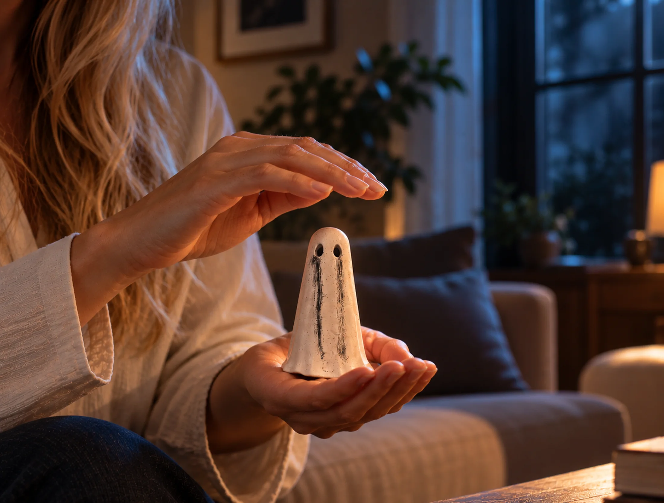 haunts-handmade-ghost-figurine-mindfulness-ritual Woman holding a handmade Haunts ghost figurine during a calming mindfulness ritual at home, symbolising emotional healing, comfort and self-reflection.