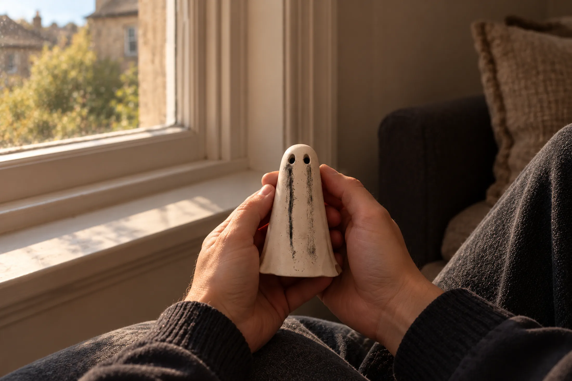 Handmade white Shadow Haunt ghost figurine with black markings held gently in both hands beside a sunlit window.