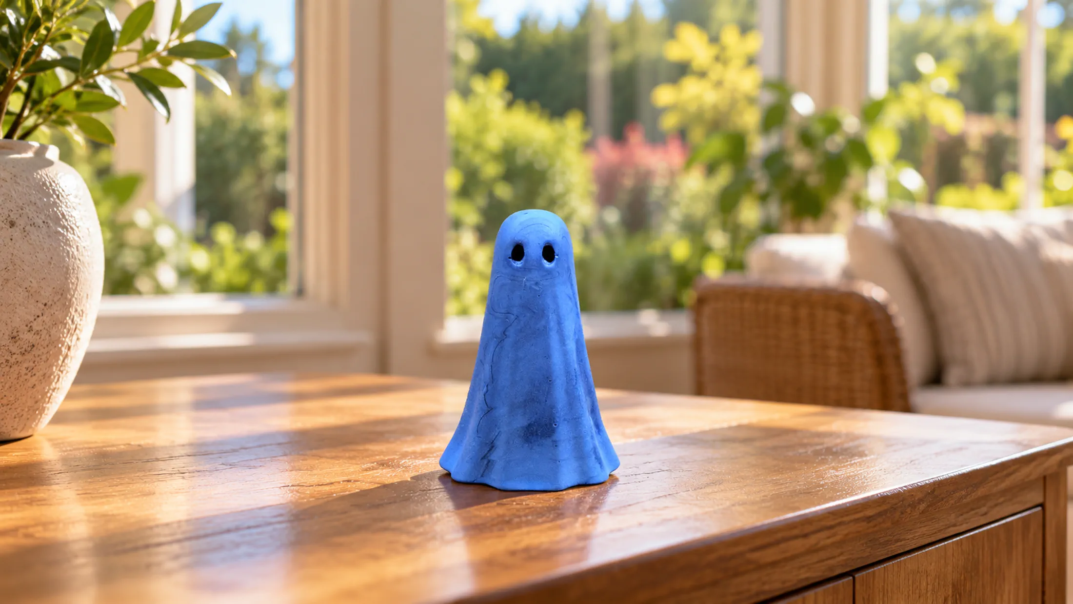haunts-light-haunt-ascendant-uk-home-conservatory Blue Ascendant Light Haunt handmade ghost figurine displayed on a wooden table in a sunlit UK home conservatory.