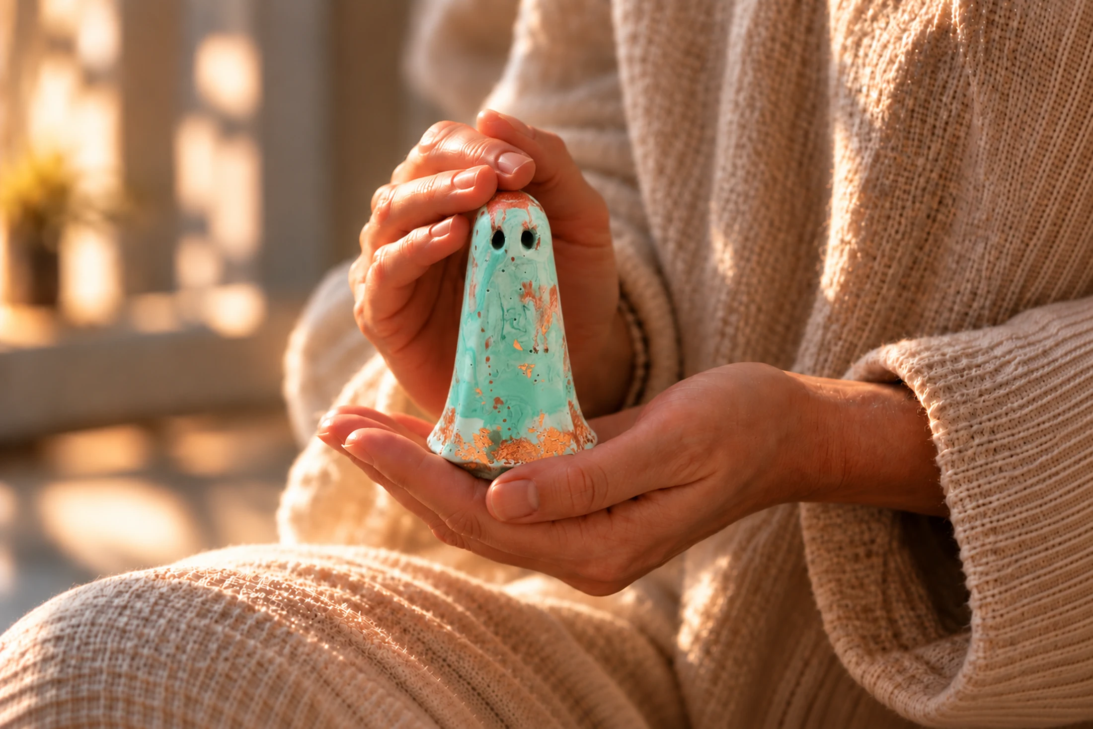 Prosperity Light Haunt handmade ghost figurine held during intention setting for abundance, wealth, growth and opportunity
