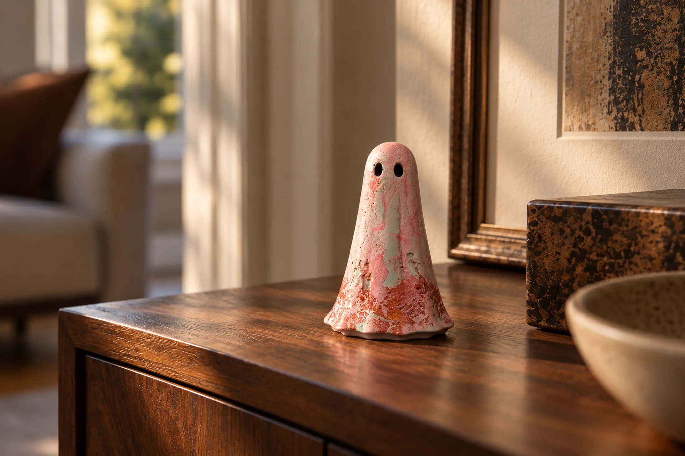 Pink and cream marbled handmade Haunt ghost figurine displayed on a wooden cabinet in a warmly lit living room.