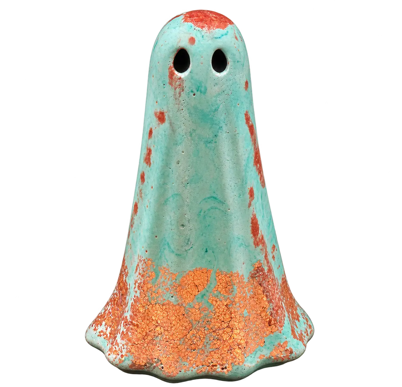 Prosperity handmade ghost figurine in turquoise green with copper metallic detailing, teardrop-shaped eyes and an irregular textured finish