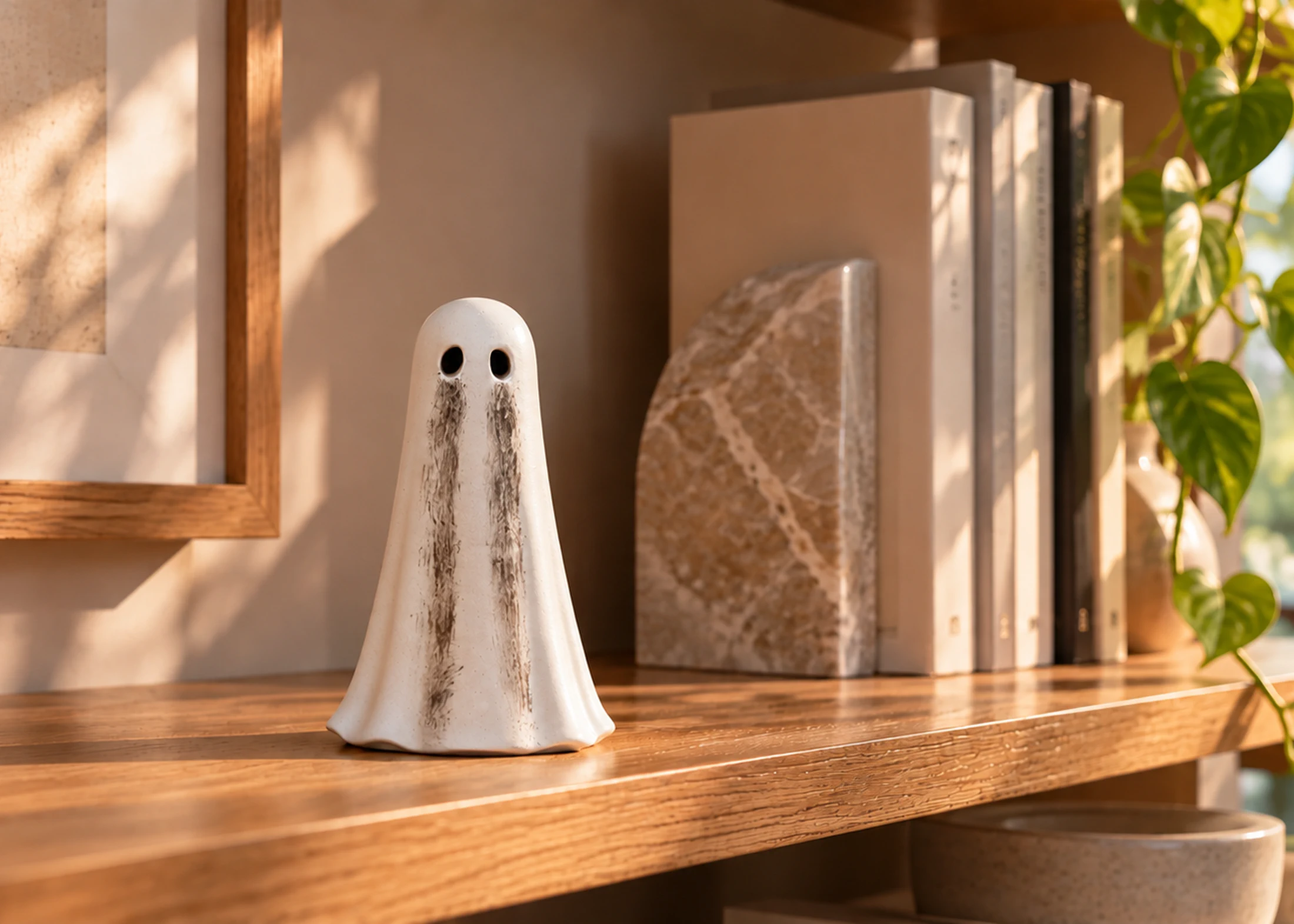 Requiem handmade white ghost figurine with dark markings displayed on a wooden bookshelf beside books and framed artwork
