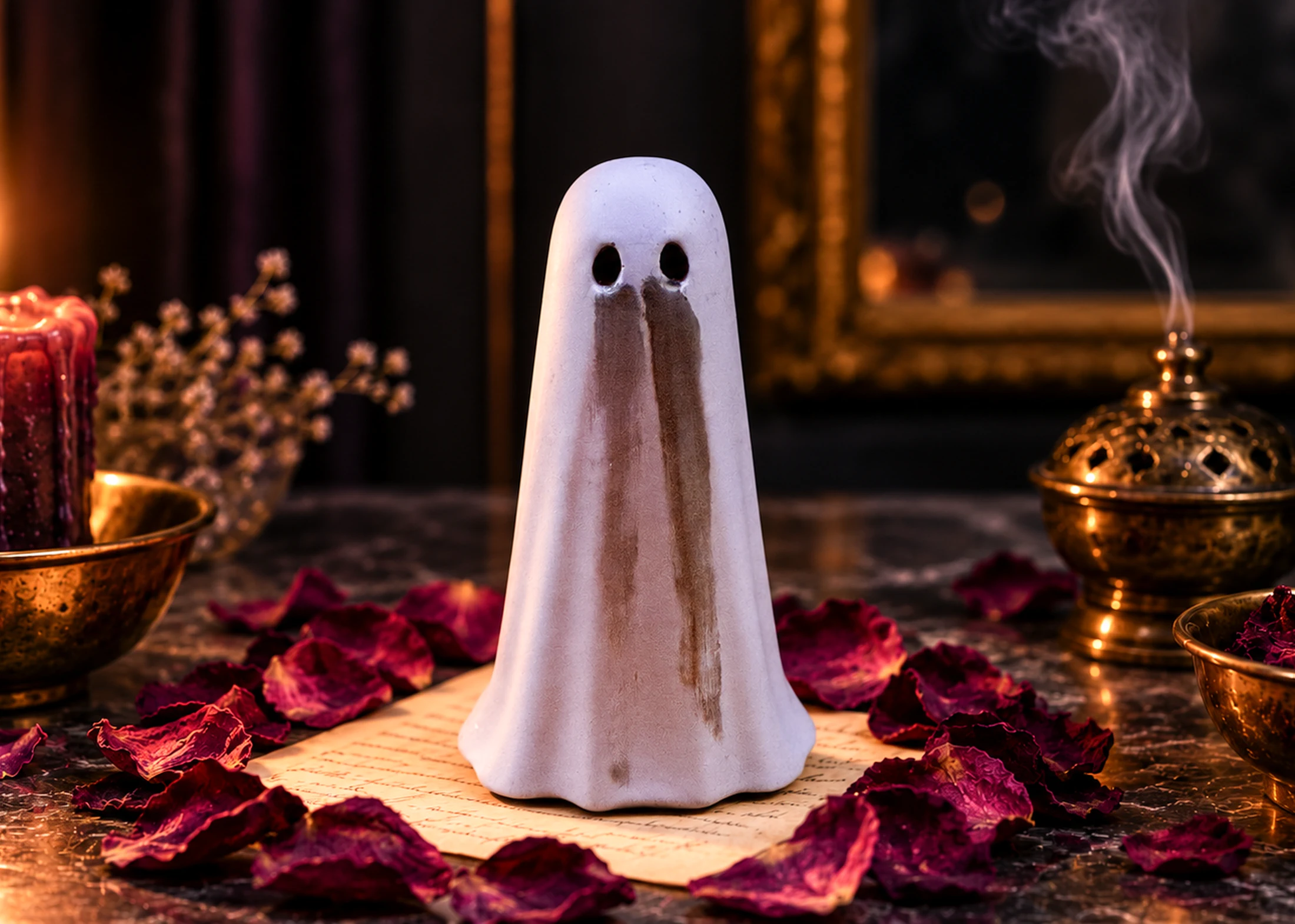Requiem Shadow Haunt in a candlelit ritual setting with rose petals and a written note for releasing sorrow and grief