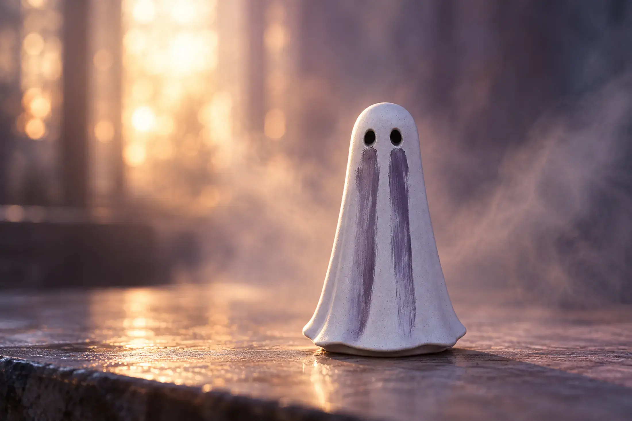 haunts-requiem-the-intention Requiem Shadow Haunt handmade ghost figurine surrounded by soft violet mist and warm light, representing remembrance, sorrow and release