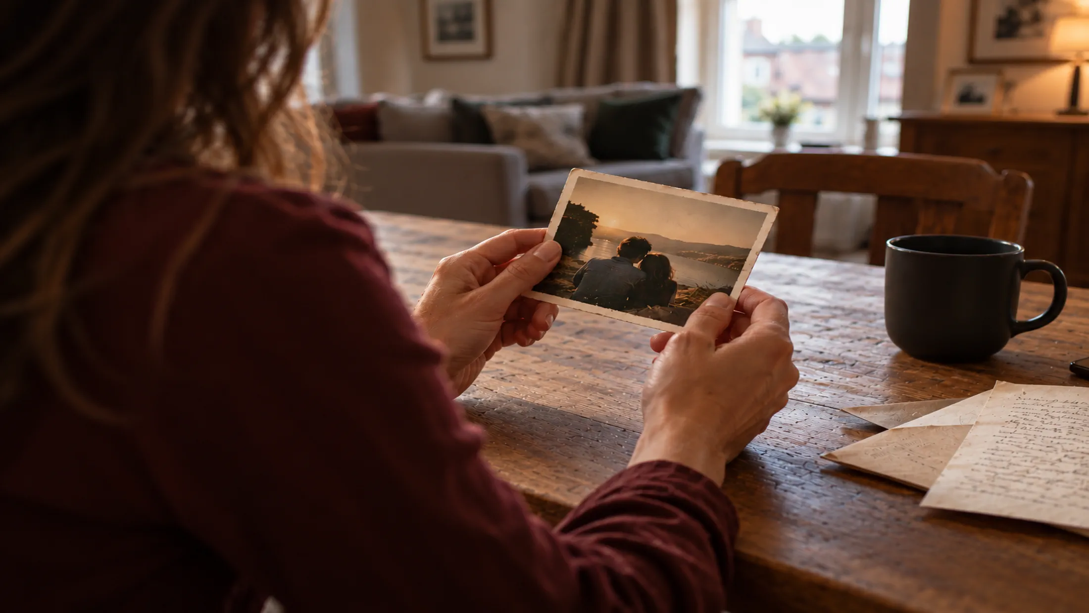 Woman holding a treasured photograph at a wooden table, reflecting on personal memories beside handwritten letters.
