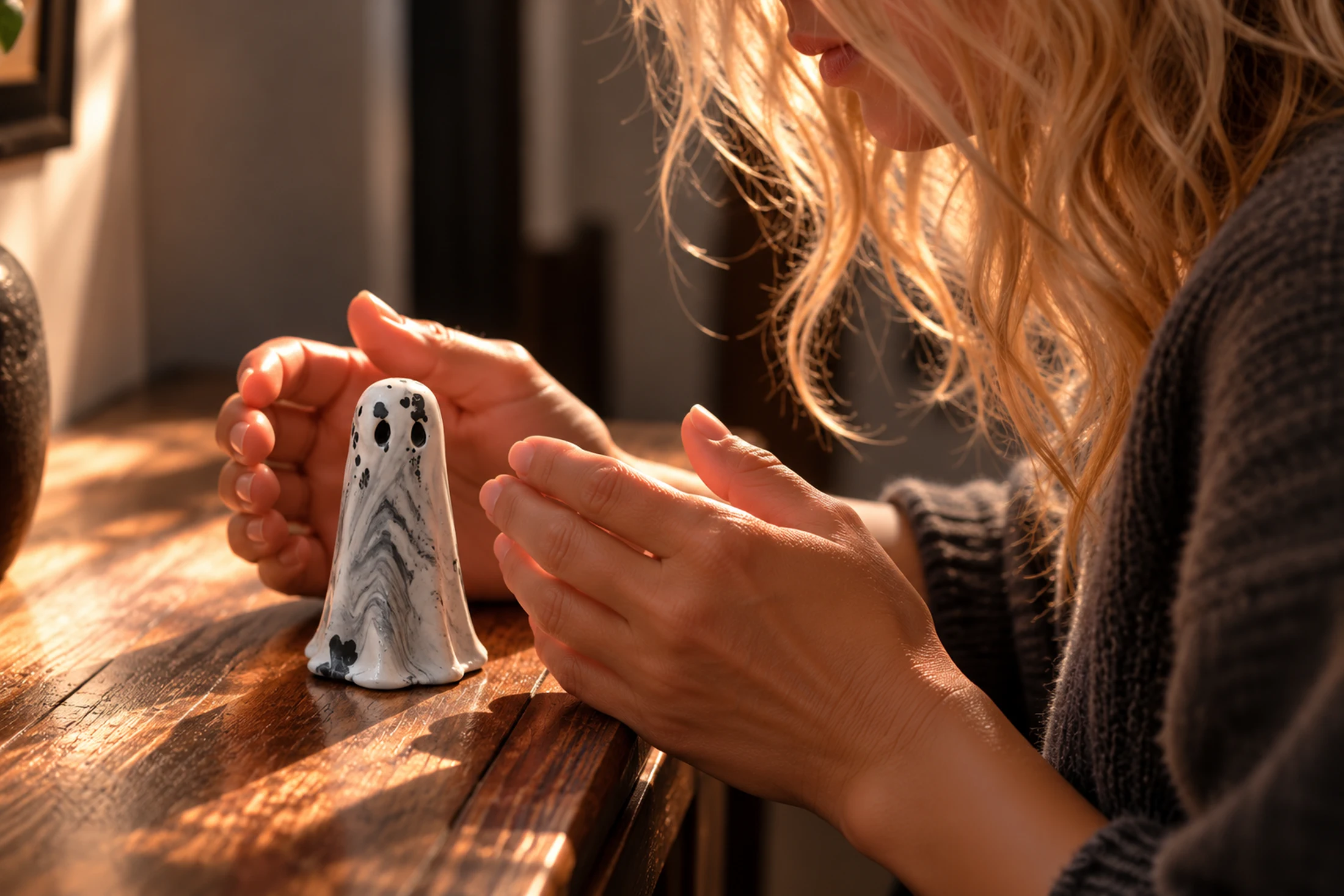 Severance Shadow Haunt handmade ghost figurine held during intention setting for courage, confronting fear and symbolic release