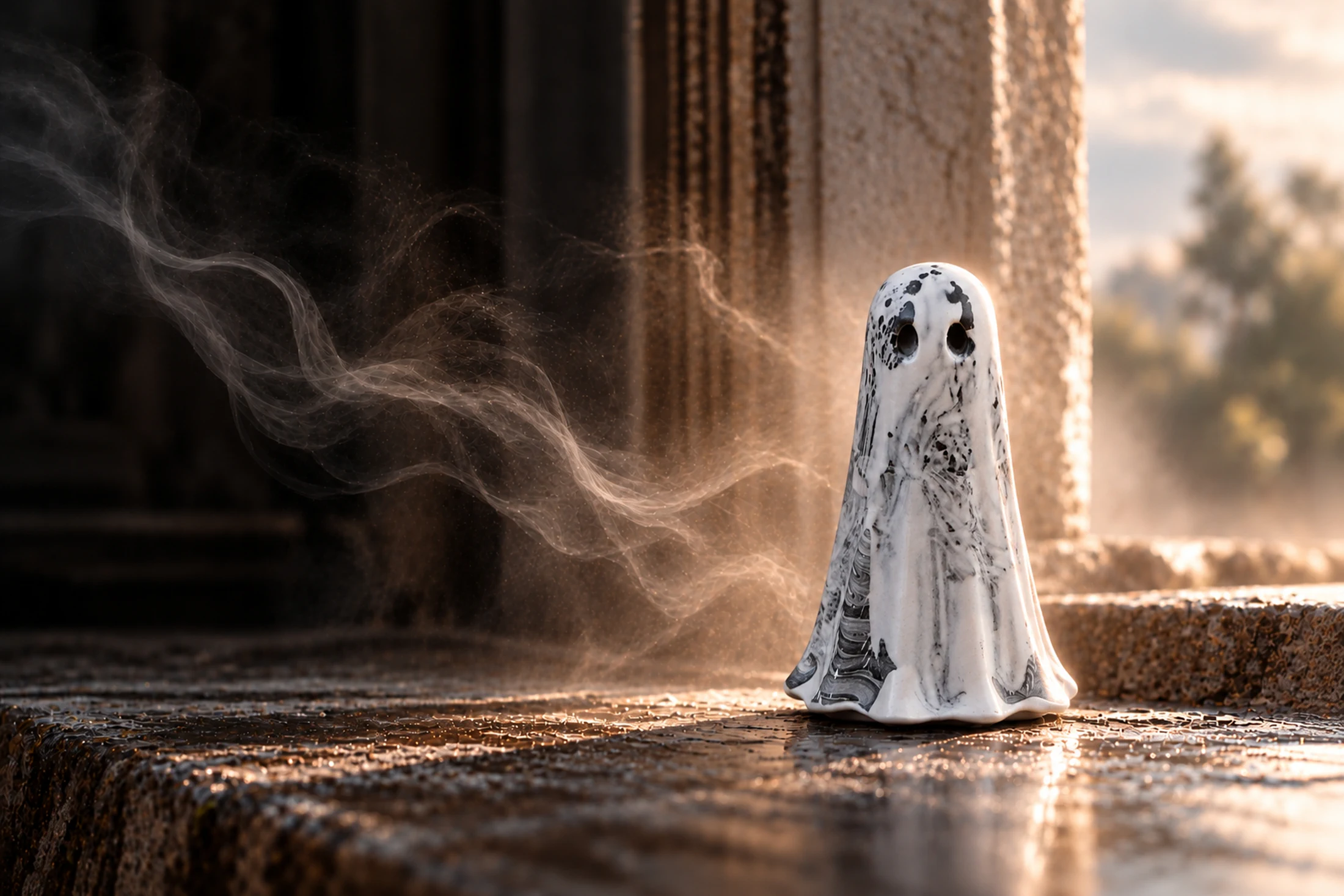Severance Shadow Haunt handmade ghost figurine beside drifting mist, symbolising courage, confronting fear and choosing to move forward
