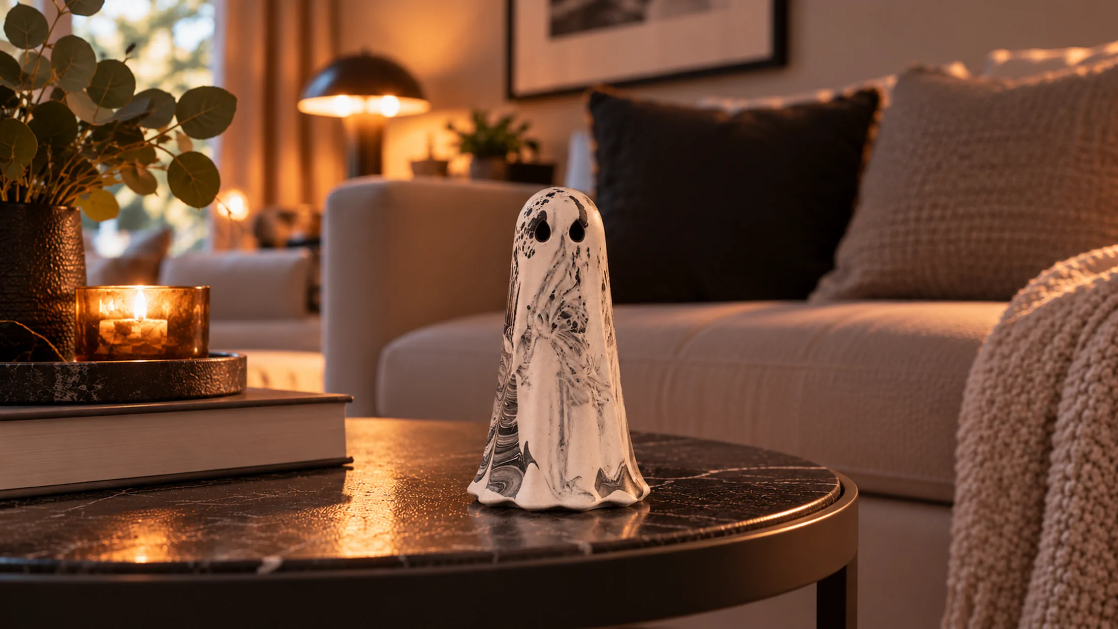 Severance Shadow Haunt handmade ghost figurine displayed on a marble coffee table in a warm modern living room