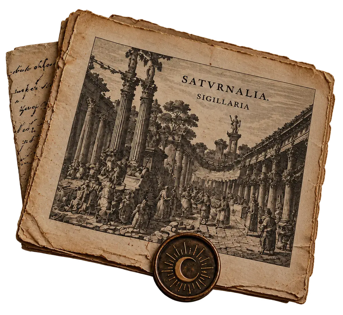 haunts-the-story-of-haunts Antique illustrated parchment and crescent moon seal representing the story of Haunts