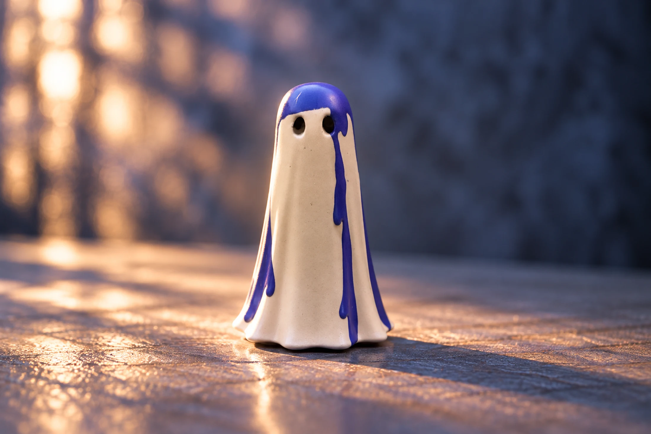 Wisp Shadow Haunt handmade ghost figurine in a quiet blue-toned setting, symbolising stillness, reflection and the release of anxiety