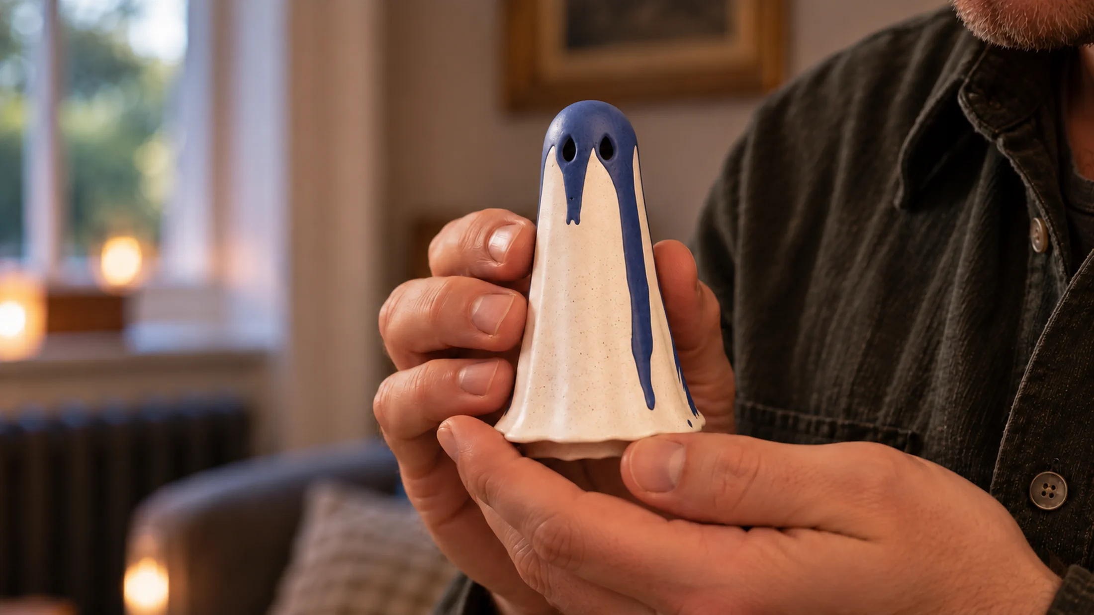 Handmade blue and white Shadow Haunt ghost figurine held in a UK home